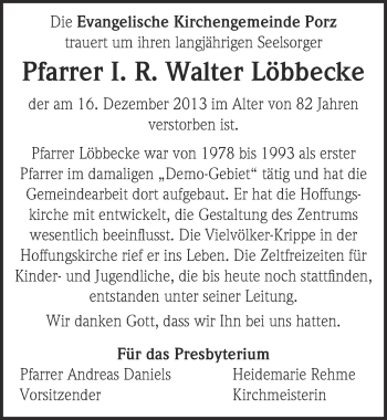 Anzeige von Walter Löbbecke von Kölner Wochenspiegel 