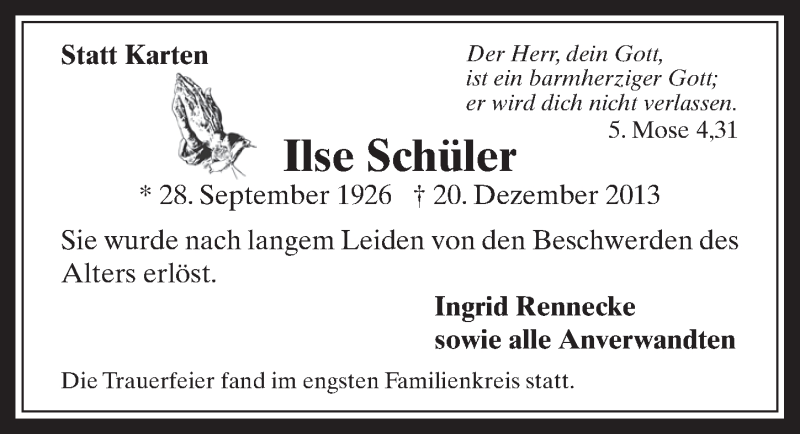  Traueranzeige für Ilse Schüler vom 08.01.2014 aus  Wochenende 