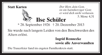 Anzeige von Ilse Schüler von  Wochenende 