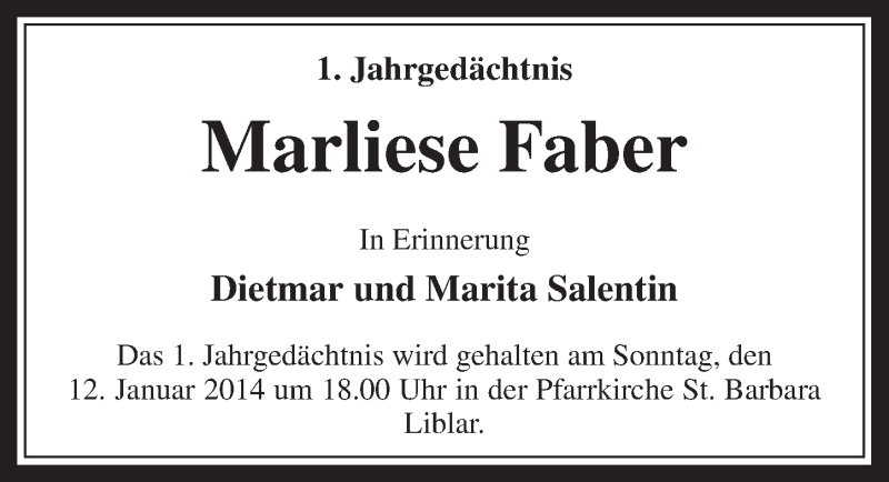  Traueranzeige für Marliese Faber vom 08.01.2014 aus  Werbepost 