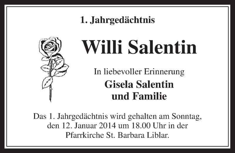  Traueranzeige für Willi Salentin vom 08.01.2014 aus  Werbepost 