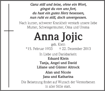 Anzeige von Anna Jojic von  Kölner Wochenspiegel 