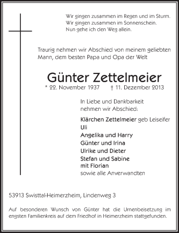 Anzeige von Günter Zettelmeier von Schaufenster/Blickpunkt 