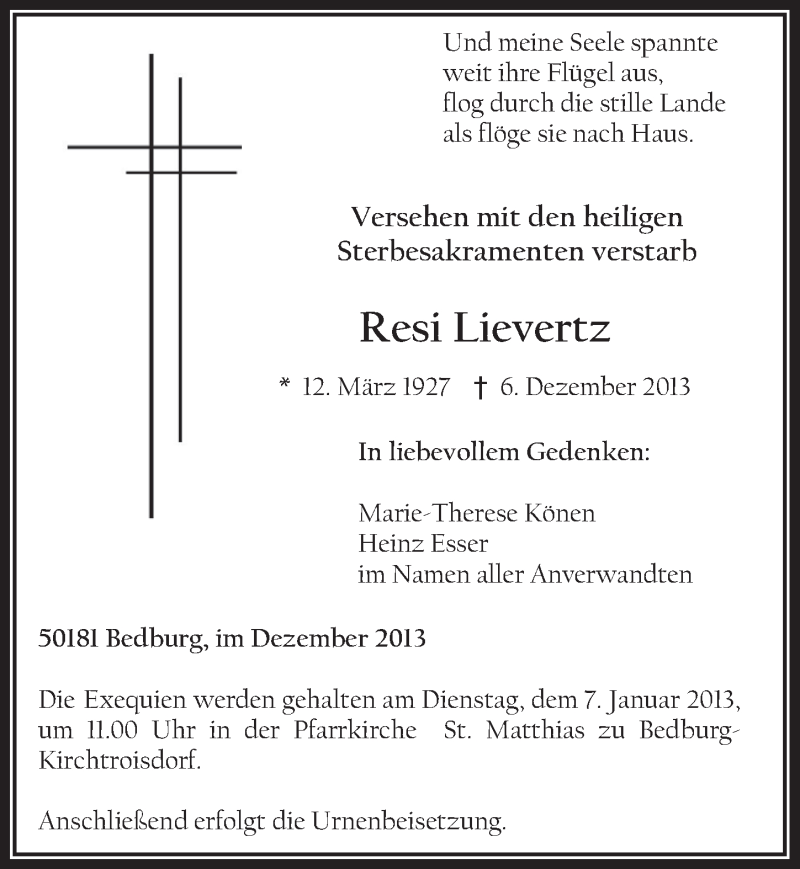  Traueranzeige für Resi Lievertz vom 31.12.2013 aus Werbepost 