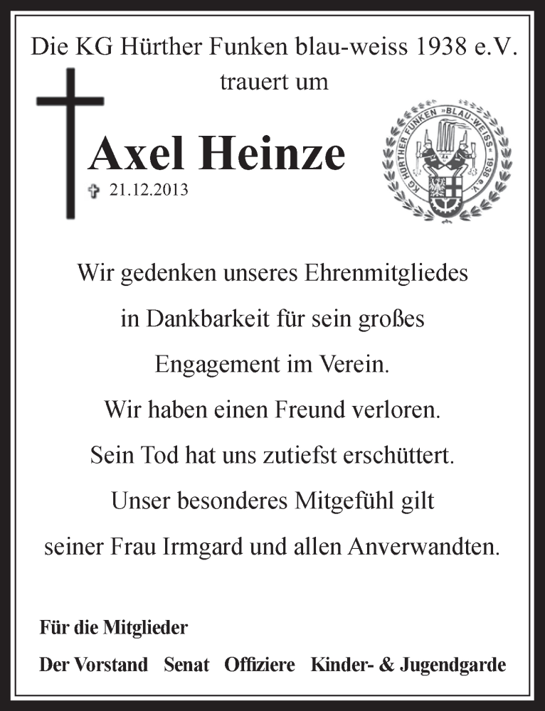  Traueranzeige für Axel Heinze vom 08.01.2014 aus  Wochenende 