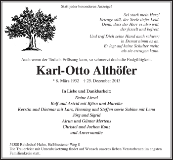 Anzeige von Karl-Otto Althöfer von Anzeigen Echo Lokalanzeiger 