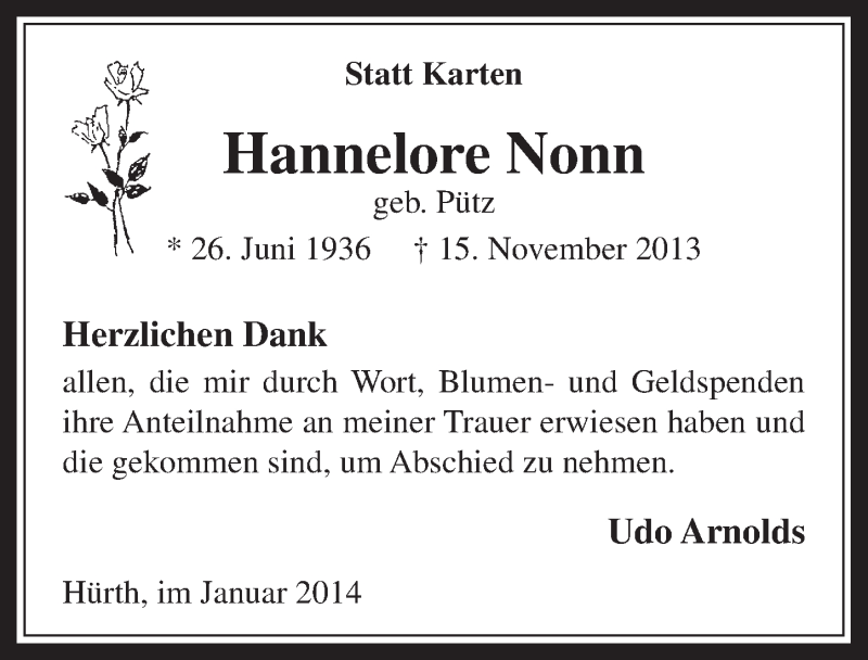  Traueranzeige für Hannelore Nonn vom 08.01.2014 aus  Wochenende 