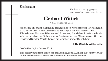Anzeige von Gerhard Wittich von  Wochenende 