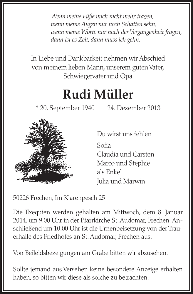  Traueranzeige für Rudi Müller vom 04.01.2014 aus Sonntags-Post