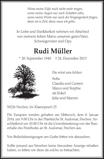 Anzeige von Rudi Müller von Sonntags-Post
