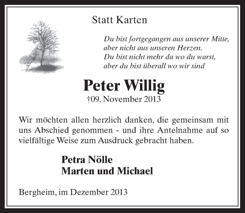  Traueranzeige für Peter Willig vom 31.12.2013 aus Werbepost 