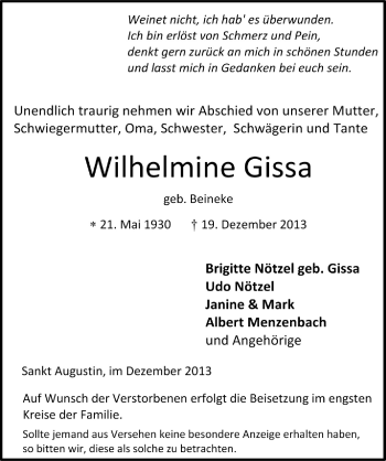 Anzeige von Wilhelmine Gissa von Extra Blatt 