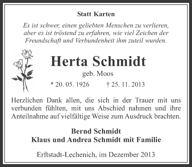  Traueranzeige für Herta Schmidt vom 31.12.2013 aus Werbepost 