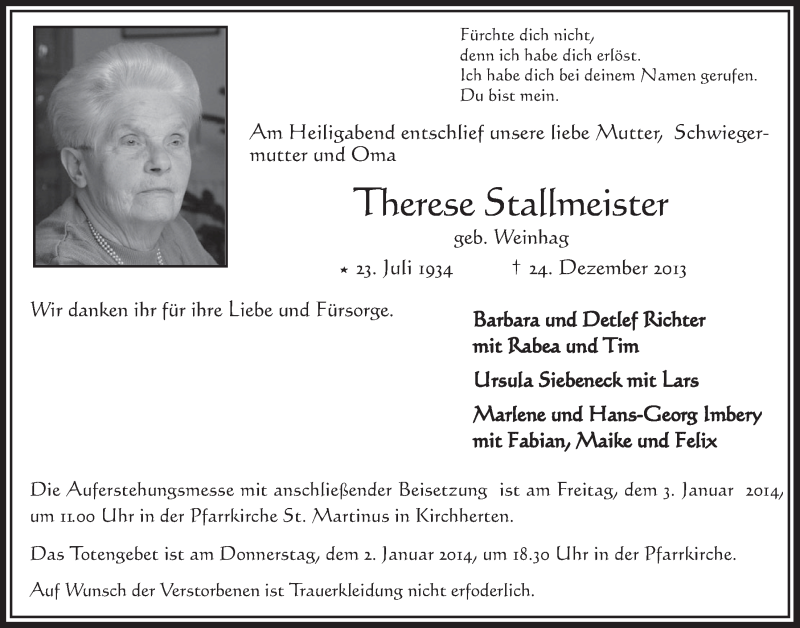  Traueranzeige für Therese Stallmeister vom 31.12.2013 aus Werbepost 