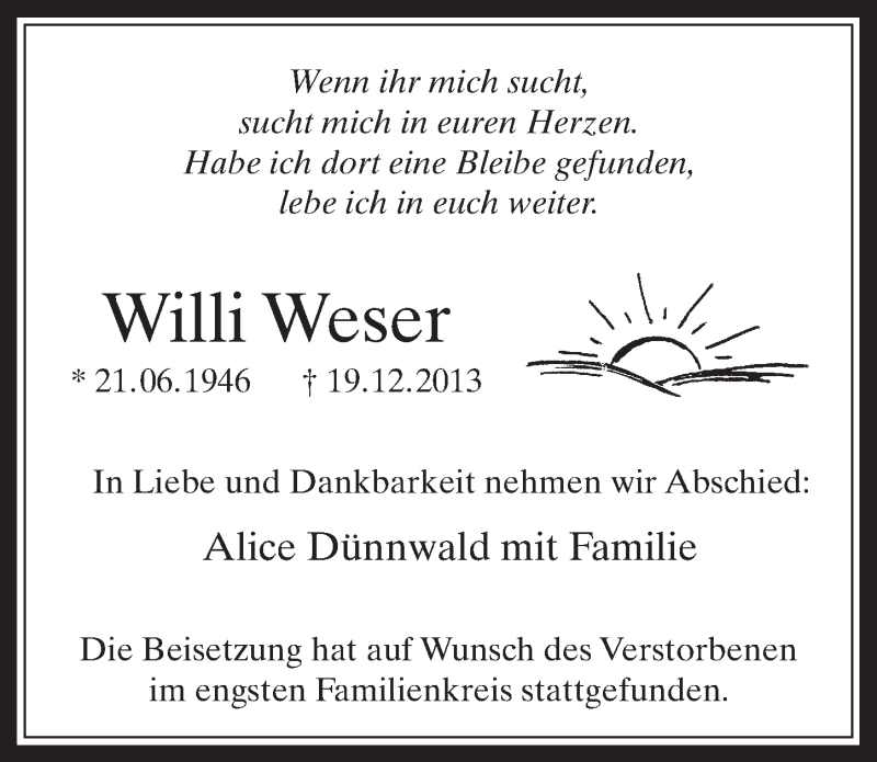  Traueranzeige für Willi Weser vom 08.01.2014 aus  Wochenende 