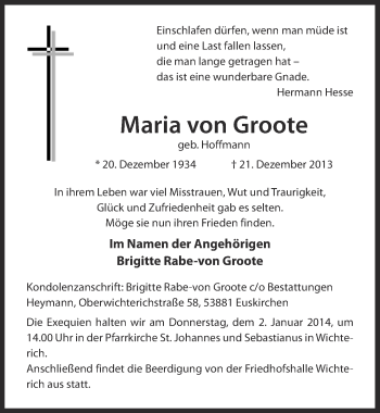 Anzeige von Maria von Groote von Blickpunkt Euskirchen 