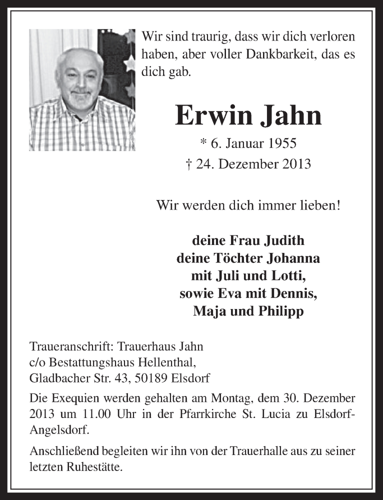  Traueranzeige für Erwin Jahn vom 31.12.2013 aus Werbepost 