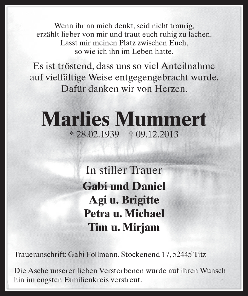  Traueranzeige für Marlies Mummert vom 31.12.2013 aus Werbepost 
