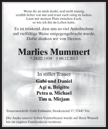 Anzeige von Marlies Mummert von Werbepost 