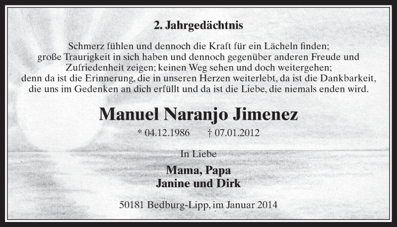  Traueranzeige für Manuel Naranjo Jimenez vom 08.01.2014 aus  Werbepost 