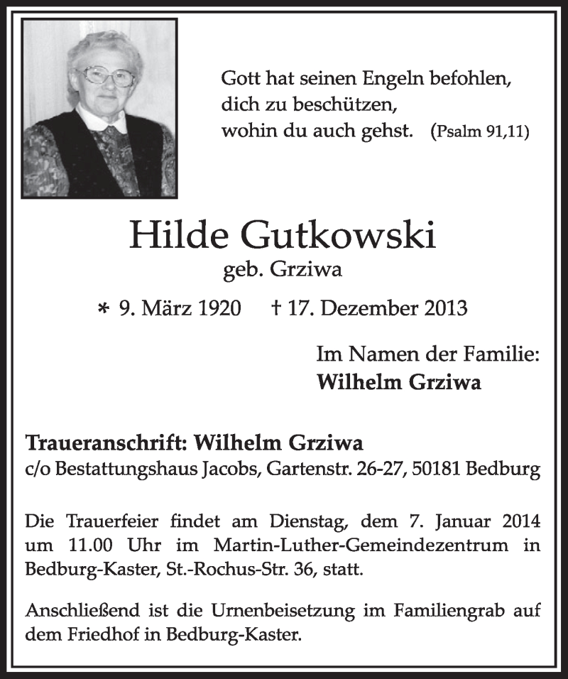  Traueranzeige für Hilde Gutkowski vom 04.01.2014 aus Sonntags-Post