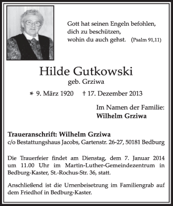 Anzeige von Hilde Gutkowski von Sonntags-Post