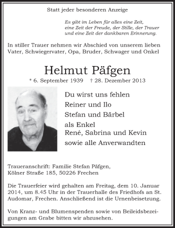 Anzeige von Helmut Päfgen von Sonntags-Post