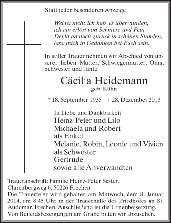 Anzeige von Cäcilia Heidemann von Sonntags-Post