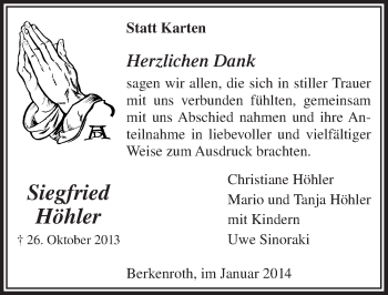 Anzeige von Siegfried Höhler von  Lokalanzeiger 