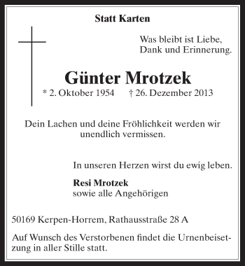 Anzeige von Günter Mrotzek von  Werbepost 