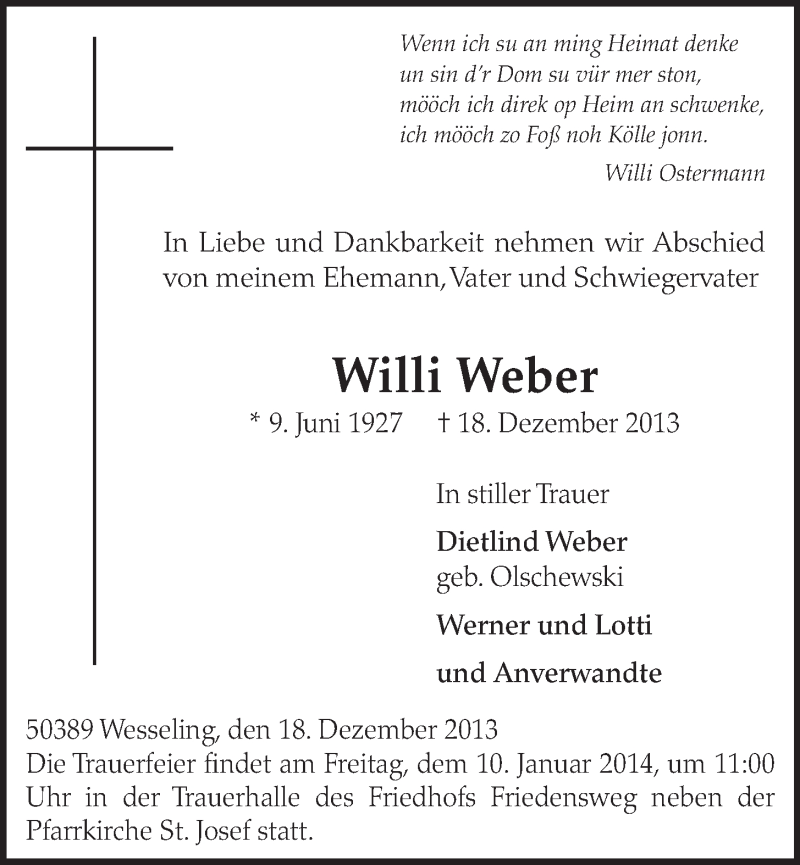  Traueranzeige für Willi Weber vom 08.01.2014 aus  Schlossbote/Werbekurier 