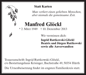 Anzeige von Manfred Glöckl von  Wochenende 