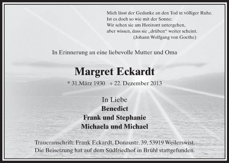  Traueranzeige für Margret Eckardt vom 08.01.2014 aus  Schlossbote/Werbekurier 