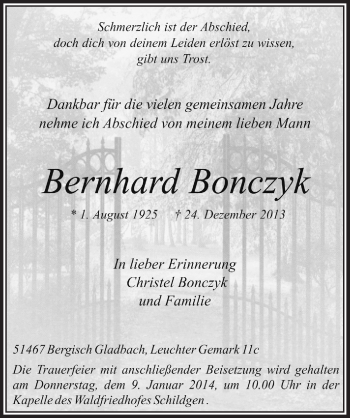 Anzeige von Bernhard Bonczyk von Bergisches Sonntagsblatt 