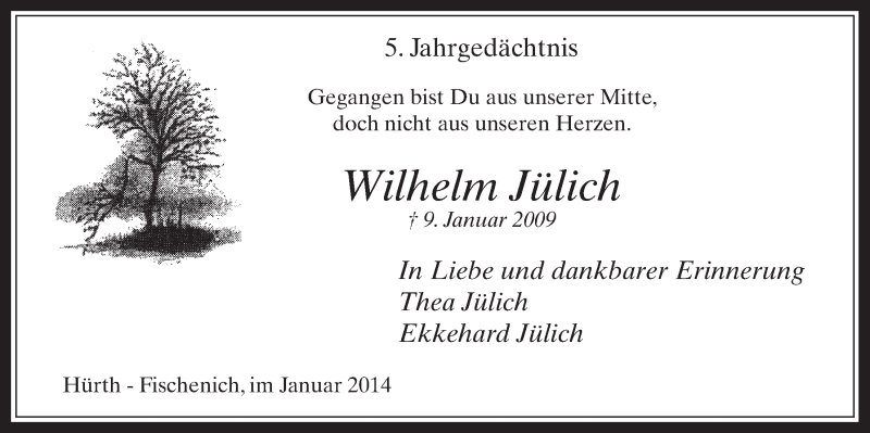  Traueranzeige für Wilhelm Jülich vom 08.01.2014 aus  Wochenende 