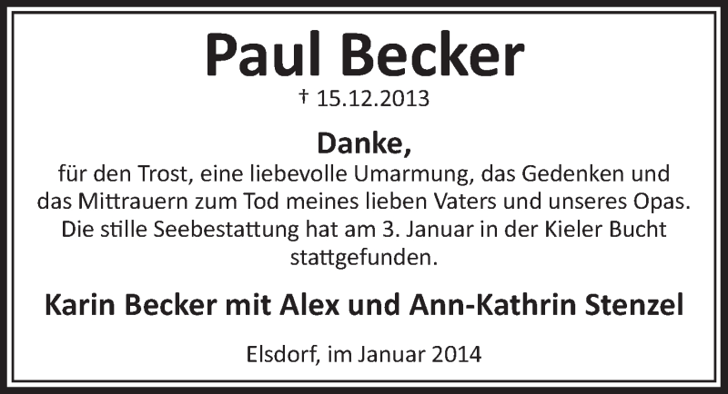  Traueranzeige für Paul Becker vom 04.01.2014 aus Sonntags-Post