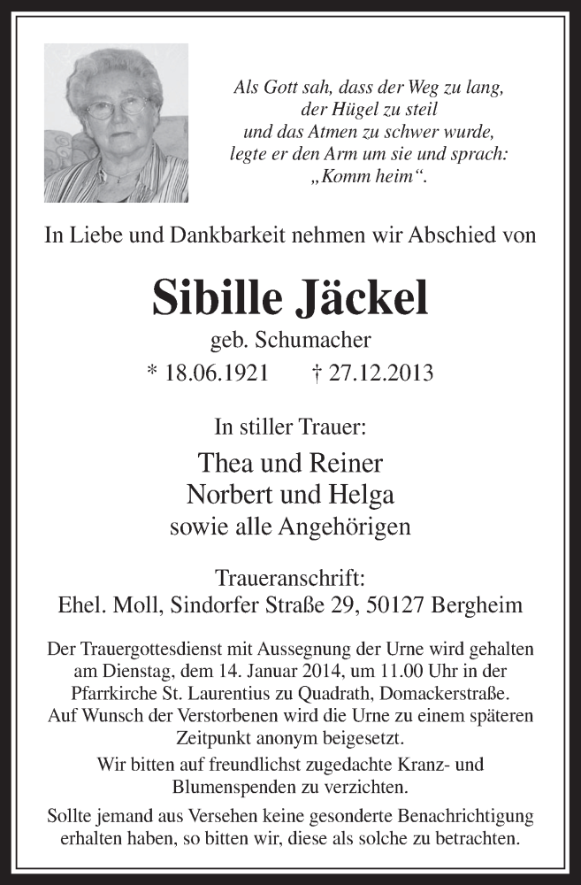  Traueranzeige für Sibille Jäckel vom 08.01.2014 aus  Werbepost 