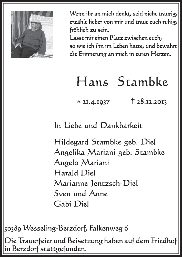  Traueranzeige für Hans Stambke vom 08.01.2014 aus  Schlossbote/Werbekurier 