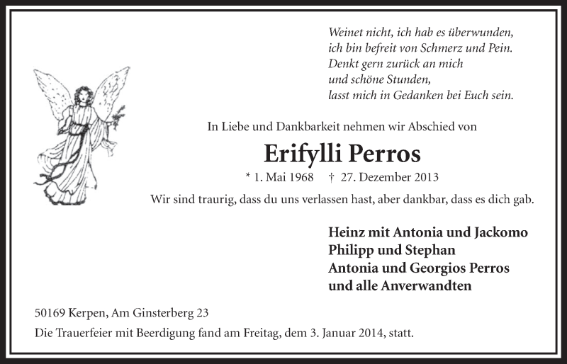  Traueranzeige für Erifylli Perros vom 04.01.2014 aus Sonntags-Post