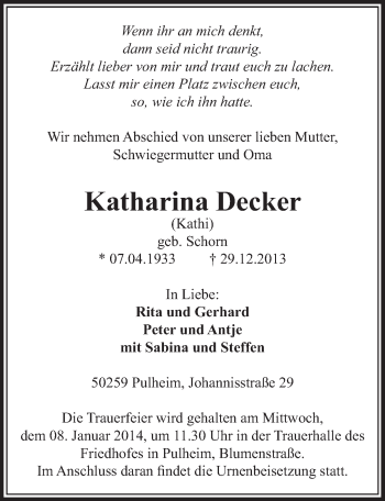Anzeige von Katharina Decker von Sonntags-Post