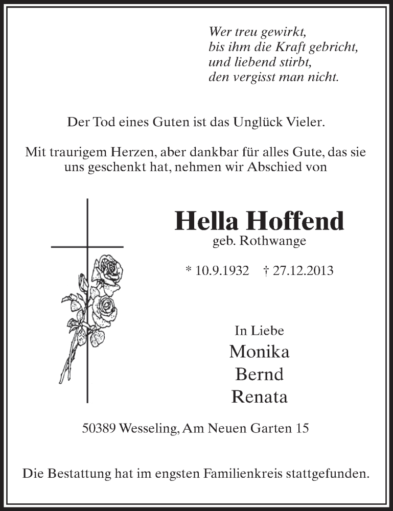  Traueranzeige für Hella Hoffend vom 08.01.2014 aus  Schlossbote/Werbekurier 