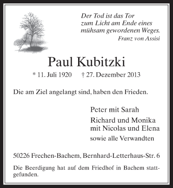 Anzeige von Paul Kubitzki von  Wochenende 
