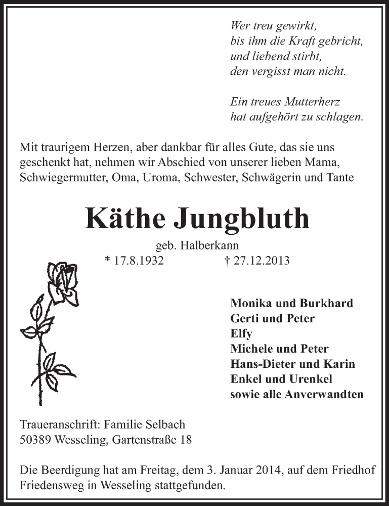  Traueranzeige für Käthe Jungbluth vom 08.01.2014 aus  Schlossbote/Werbekurier 