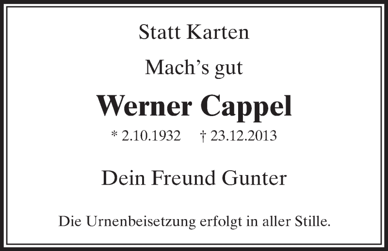  Traueranzeige für Werner Cappel vom 08.01.2014 aus  Schlossbote/Werbekurier 