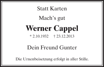 Anzeige von Werner Cappel von  Schlossbote/Werbekurier 