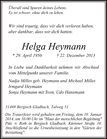 Anzeige von Helga Heymann von  Bergisches Handelsblatt 