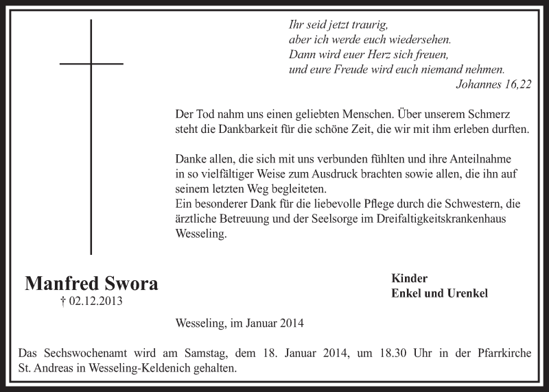  Traueranzeige für Manfred Swora vom 08.01.2014 aus  Schlossbote/Werbekurier 