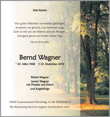 Anzeige von Bernd Wagner von  Anzeigen Echo 
