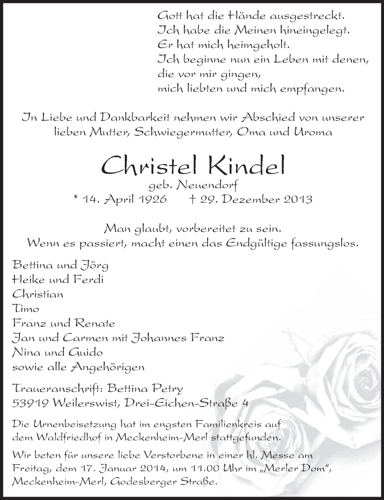  Traueranzeige für Christel Kindel vom 08.01.2014 aus  Schaufenster/Blickpunkt 