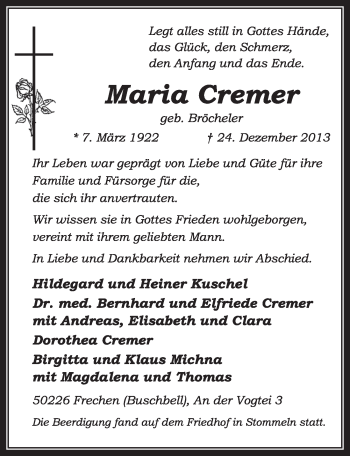 Anzeige von Maria Cremer von Sonntags-Post